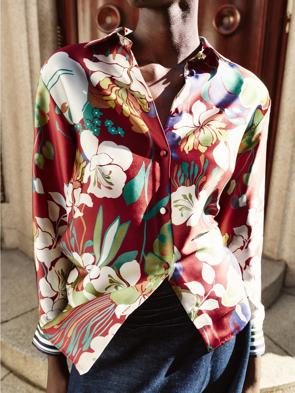 Zara Floral Satin Button-Up Blouse in Burgundy and Multi NWOT